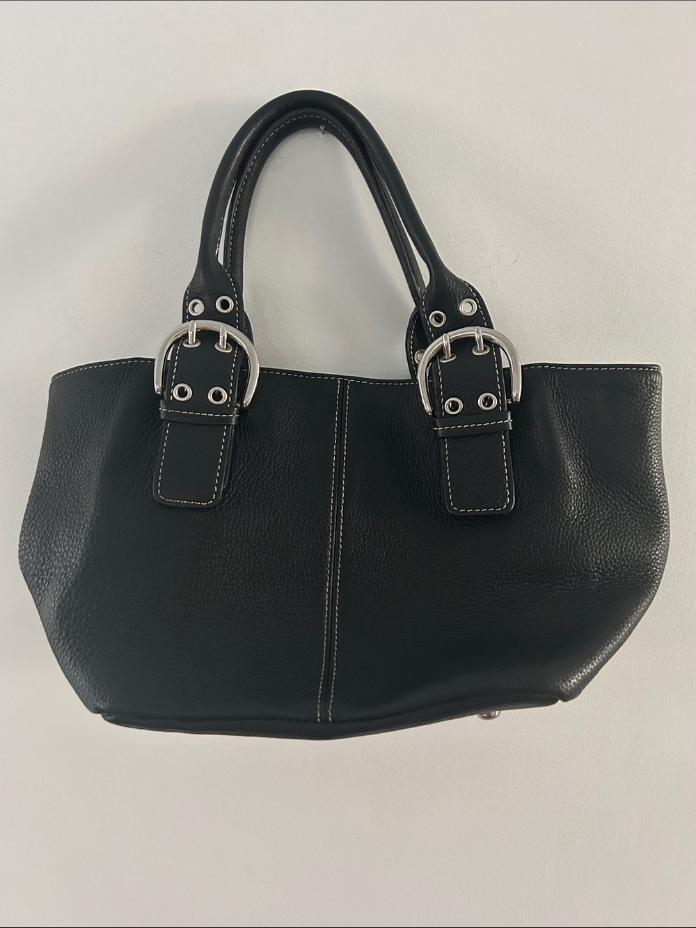 Tignanello Y2K Black Leather Shoulder Bag with Large Silver Buckles